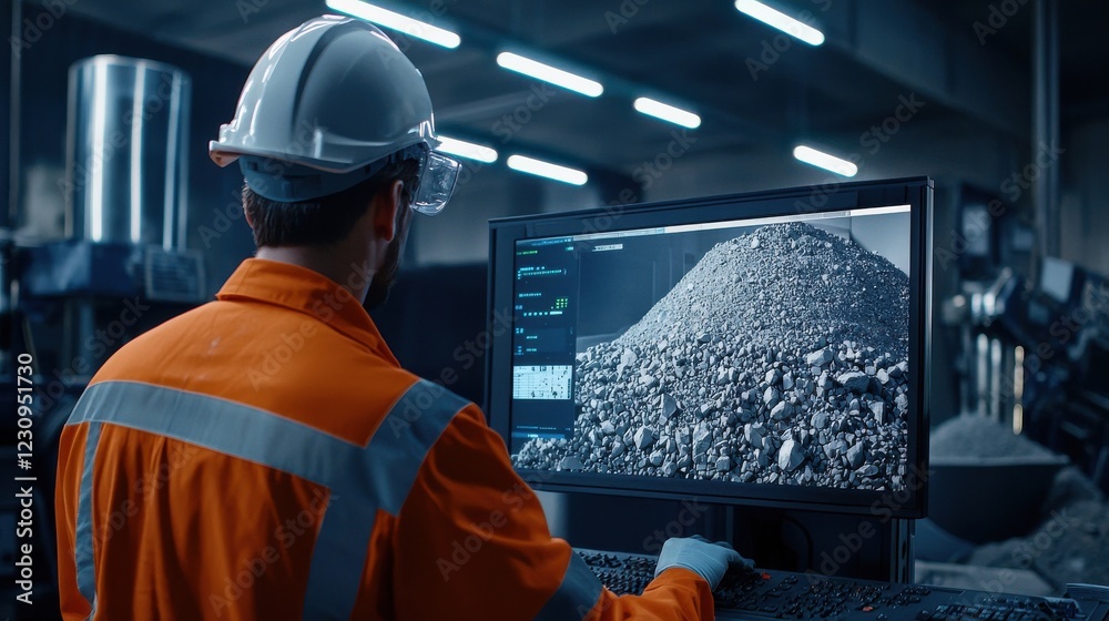 Poster Back view of an engineer monitoring the progress of an automated rock crusher in a mining facility