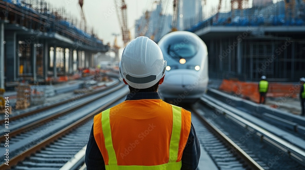 Poster back view of an engineer observing a high-speed train being tested on a newly constructed rail track