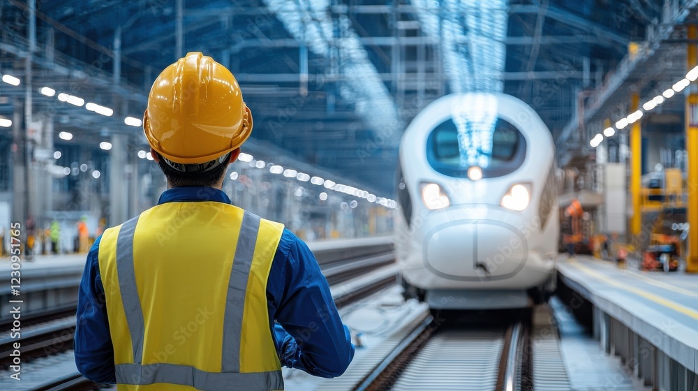 Poster back view of an engineer observing a high-speed train being tested on a newly constructed rail track