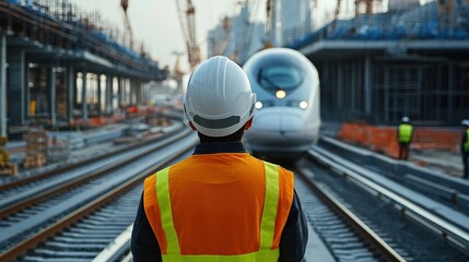 Fototapeta premium Back view of an engineer observing a high-speed train being tested on a newly constructed rail track