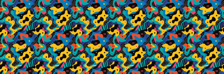 Obraz premium Seamless pattern with geometric shapes in the style. Multicolored vintage background with triangles, circles and squares for textile, fabric and Sudanese fabric art. 