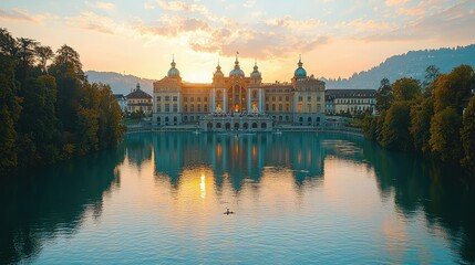 Naklejka premium Grand Palace Reflecting in Calm Sunset Waters
