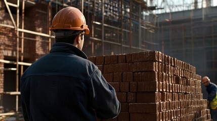 Back view of an engineer observing a team laying bricks for a building wall