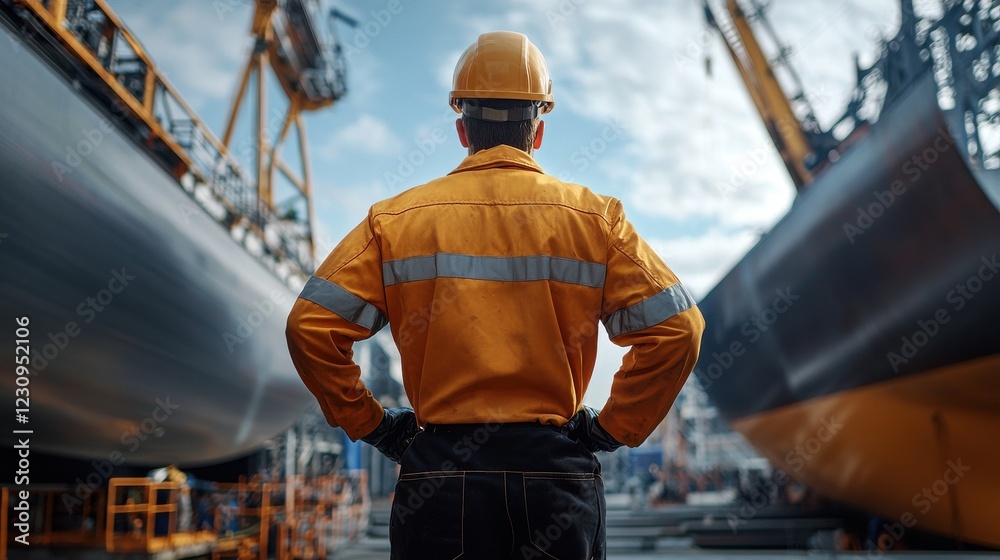 Poster back view of an engineer observing the welding of steel plates for a ship hull