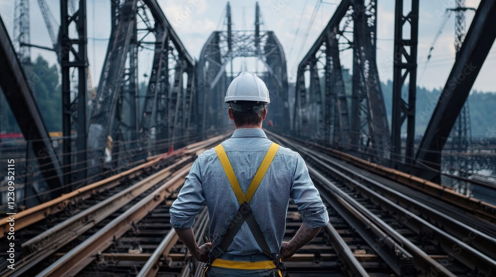 Poster back view of an engineer overseeing the construction of new railway lines on a bridge