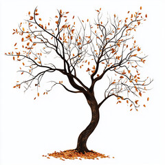 Solitary Tree in Autumn: A solitary tree stands tall against a backdrop of muted tones, its branches reaching towards the sky as vibrant leaves flutter down.