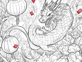 Fototapeta premium Majestic Dragon amidst Lanterns: An intricate line drawing of a powerful dragon, coiled amidst swirling clouds and traditional lanterns.