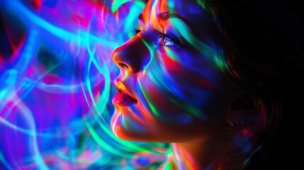 Vibrant Colorful Portrait of a Woman Illuminated by Neon Lights