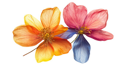Two colorful dried flowers with transparent background representing beauty and decay