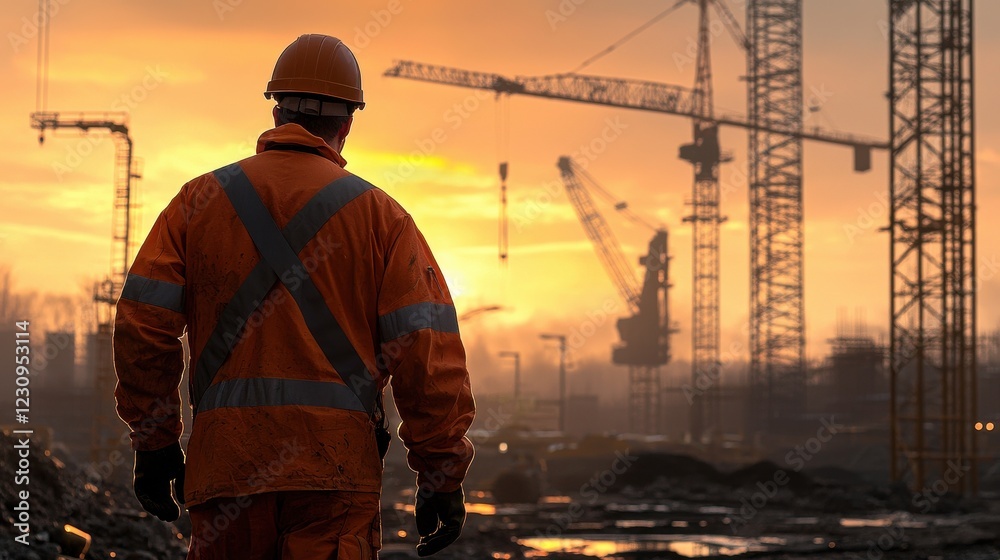 Aufkleber Back view of an engineer walking through a construction zone with cranes towering in the background