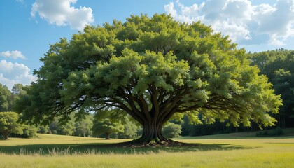 Obraz premium Majestic tree with expansive branches stands tall in a sunny meadow landscape