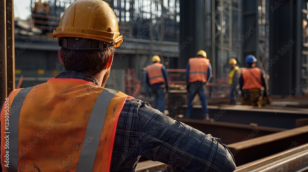 Poster building construction engineer back view directing a team of workers installing steel beams