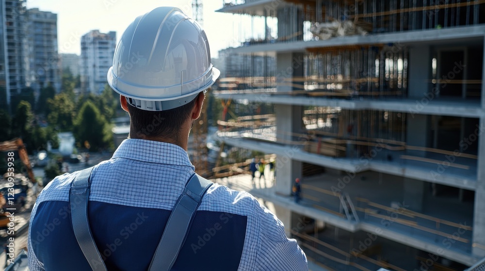 Poster Building construction engineer back view observing workers installing glass windows on the building