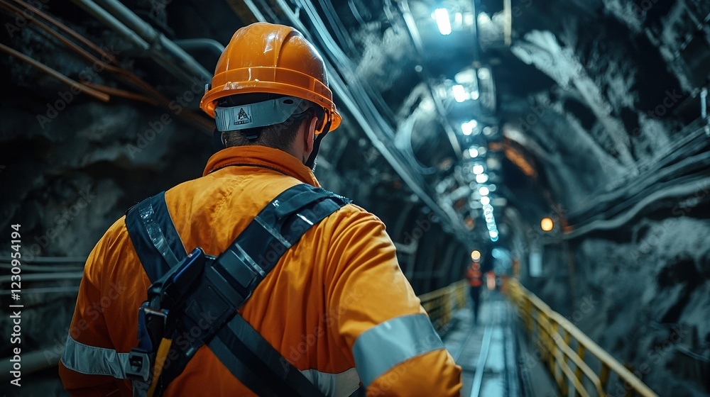 Poster Engineer worker back view descending into an underground mine via a service elevator