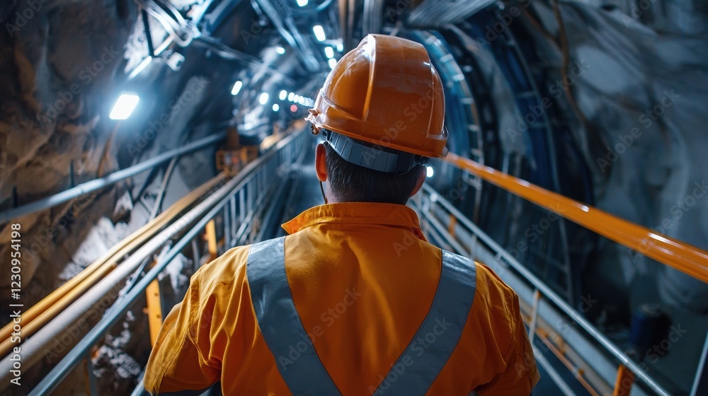 Aufkleber engineer worker back view descending into an underground mine via a service elevator