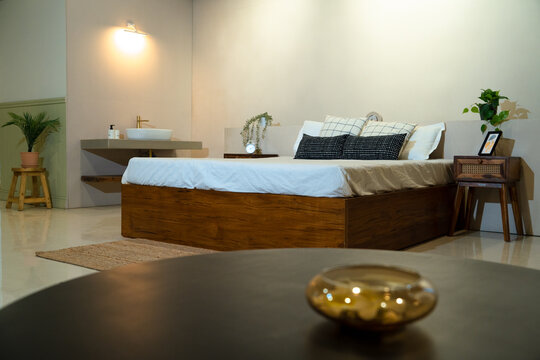 bed in asthetic ambience with white background
