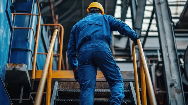 Engineer worker back view climbing stairs onto a locomotive for inspection