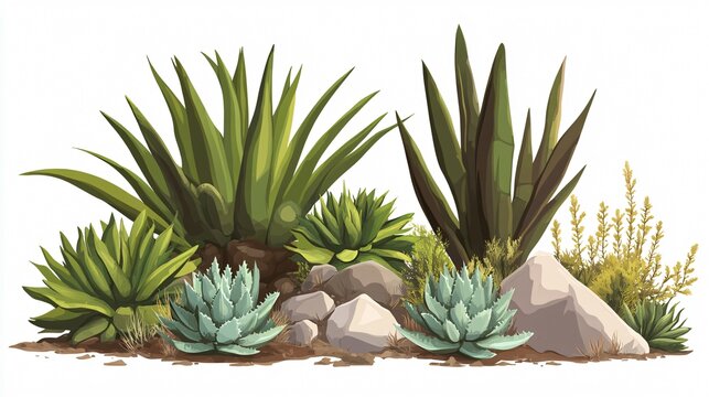 green agave plants with rocks on white background clip art preview