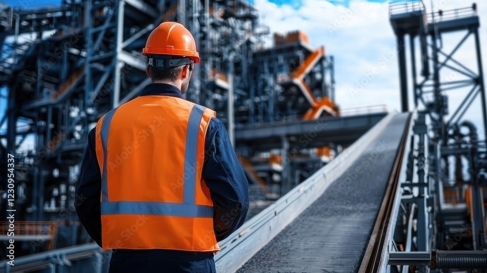 Poster Engineer worker back view inspecting a conveyor belt moving minerals to a processing unit