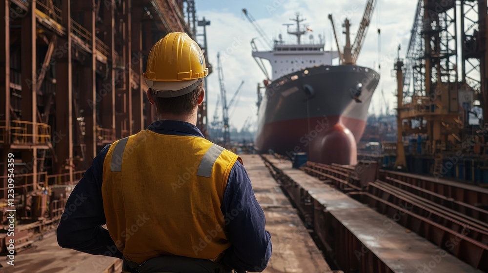 Poster Engineer worker back view inspecting a dry dock with a large ship in the background