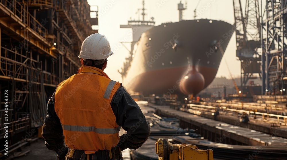 Poster Engineer worker back view inspecting a dry dock with a large ship in the background
