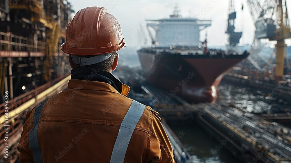 Poster Engineer worker back view inspecting a dry dock with a large ship in the background