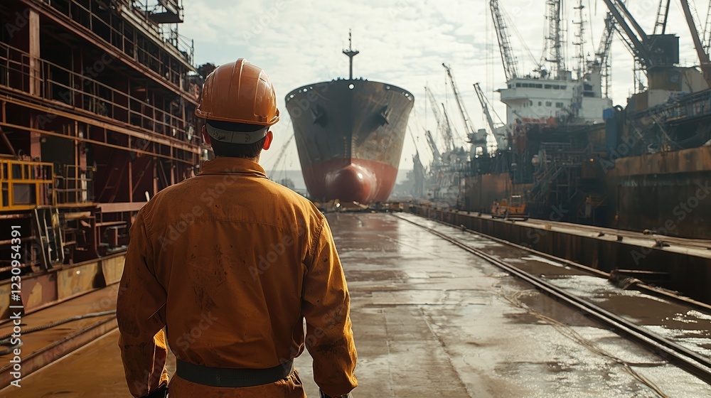 Poster Engineer worker back view inspecting a dry dock with a large ship in the background