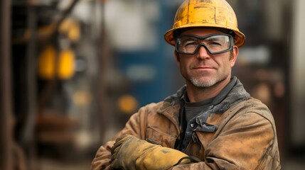 Obraz premium Worker at a Job Site Wearing a Yellow Hard Hat, Safety Glasses and Leather Gloves, AI