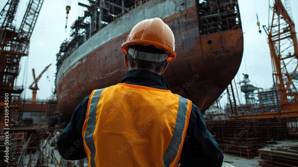 Poster engineer worker back view inspecting the hull of a large ship under construction