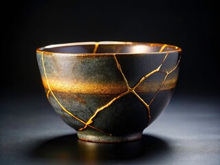 Golden Kintsugi artistry adorns a broken, yet beautiful, ceramic cup.  Minimalist photography on black. Japanese aesthetic.