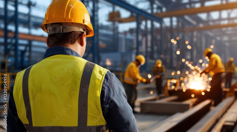 Poster engineer worker back view observing a team of welders working on steel reinforcements