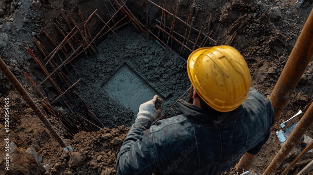 Poster engineer worker back view observing a concrete pouring operation for a building foundation