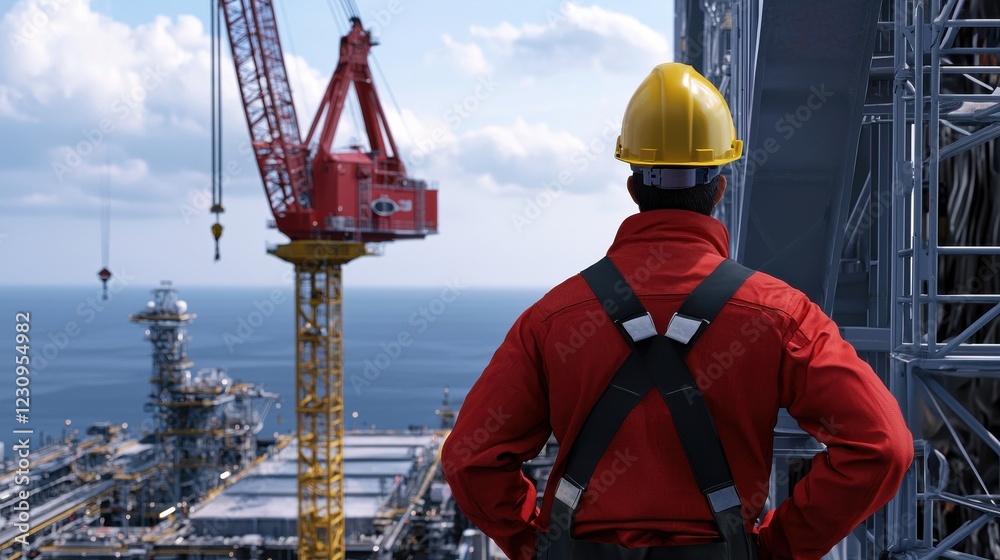 Poster engineer worker back view observing cranes lifting ship components onto the upper deck