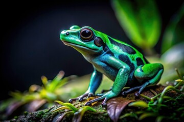 Naklejka premium Green poison dart frog glows in the Amazon's rainforest darkness, a stunning macro night photograph.