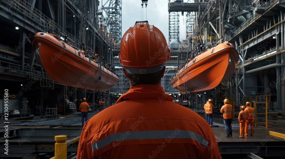 Poster engineer worker back view observing workers installing lifeboats on a ship