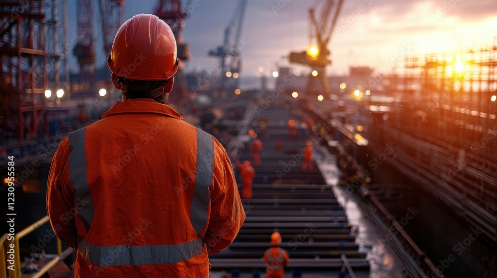 Aufkleber Engineer worker back view observing workers assembling ship sections in a dry dock