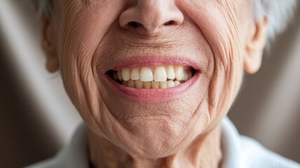 Close-up of a smiling elderly woman showcasing her bright teeth and joyful expression, reflecting warmth and happiness.