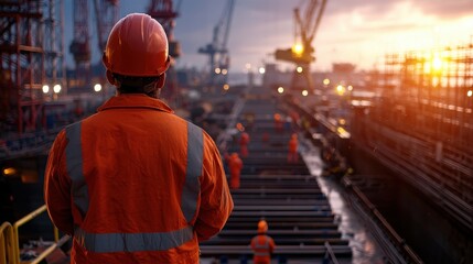 Engineer worker back view observing workers assembling ship sections in a dry dock