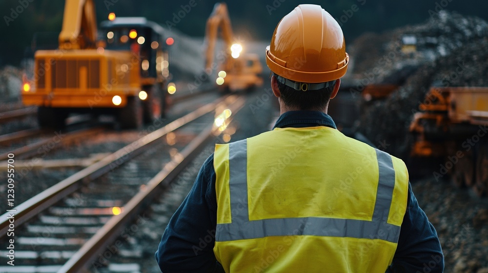 Poster engineer worker back view overseeing rail construction with heavy machinery in the background