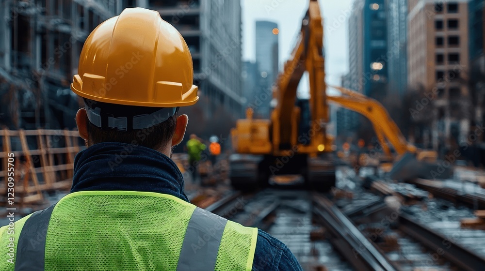 Poster engineer worker back view overseeing rail construction with heavy machinery in the background