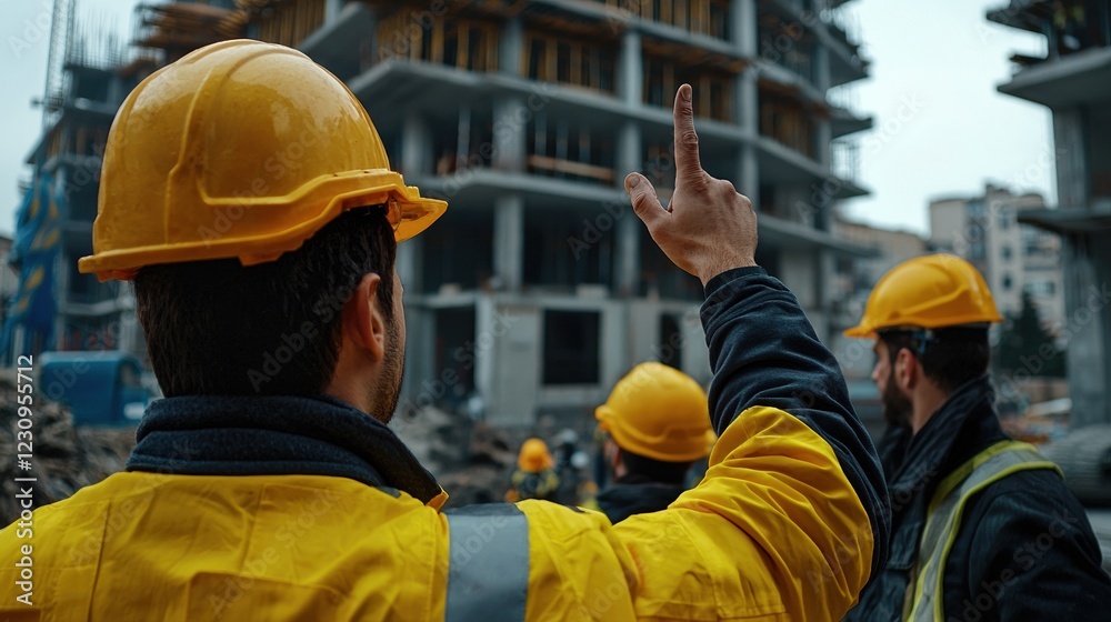 Poster Engineer worker back view pointing at a building blueprint while talking to construction workers