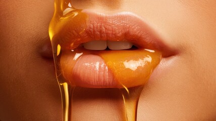 Close-up of female lips with honey dripping down, creating a sensual and vibrant image that evokes sweetness and allure.