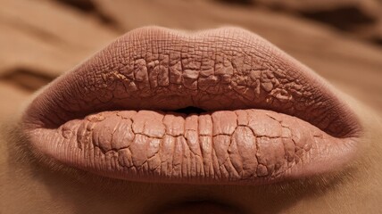 Obraz premium Close-up of a pair of dry, cracked lips, showcasing a textured surface with subtle shades of beige and natural tones.