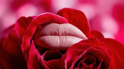 Naklejka premium A close-up of soft, nude lips nestled against vibrant red rose petals, creating a romantic and intimate atmosphere.