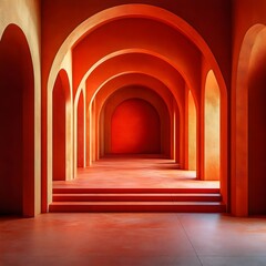 The image is a long, narrow hallway with red walls and red steps