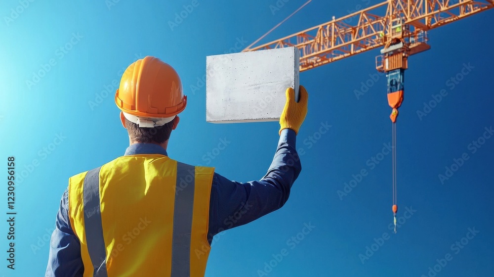Poster engineer worker back view standing near a crane operator, signaling the placement of concrete slabs