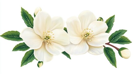 Delicate White Flowers with Green Leaves on a Soft Background