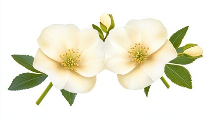 Obraz premium Beautiful White Flowers with Green Leaves and Buds on White Background