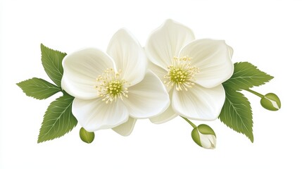 Naklejka premium Elegant White Flowers with Green Leaves and Buds on White Background