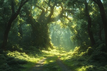 Obraz premium Mystical forest with lush greenery, glowing sunlight, and enchanted clearing filled with magical creatures like fairies and gnomes peeking from behind trees.